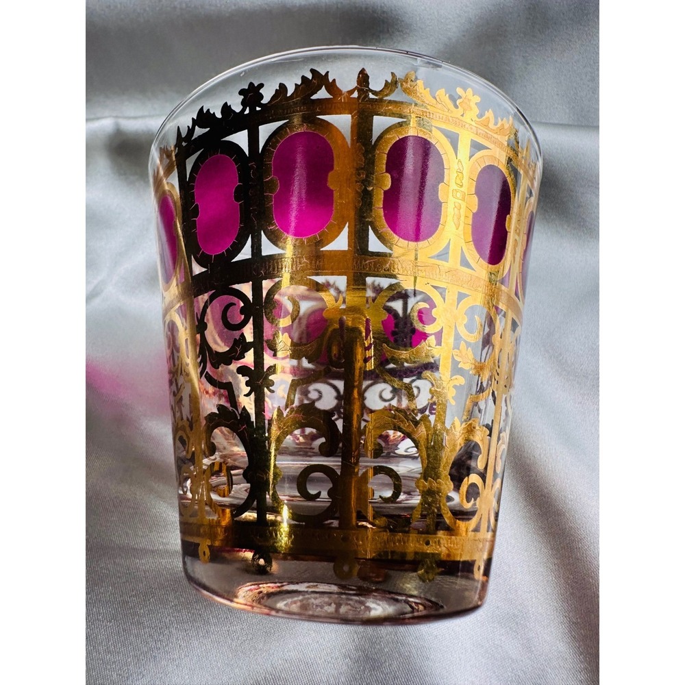 Culver Cranberry Scroll 22KT Gold Flared Rocks Whiskey Lowball Glasses 4 MCM - Picture 11 of 13
